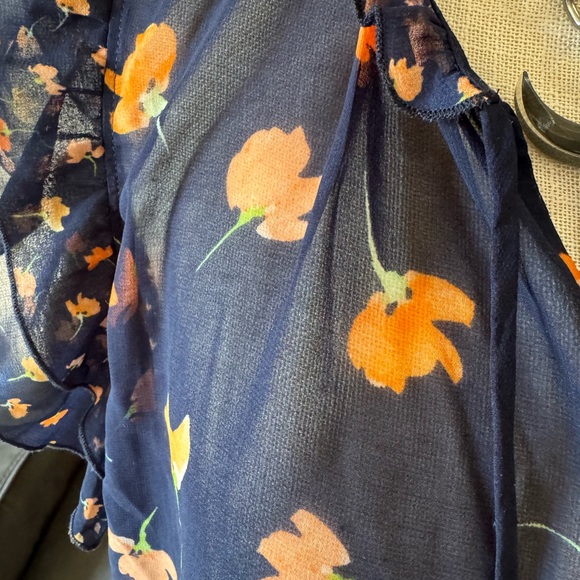 CAbi Sunset Kiss Navy Floral Sheer Blouse with Ruffle Sleeves- Medium - Picture 3 of 7